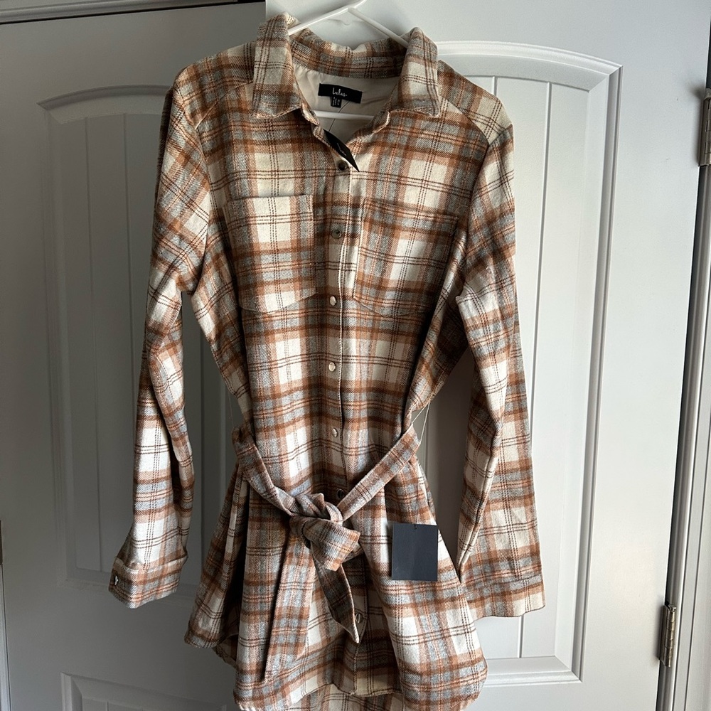 Lulu's Tan and White Plaid Shirt Dress